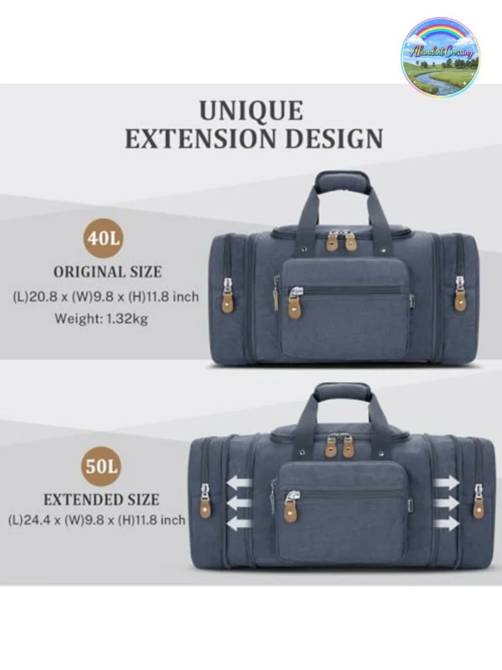 Canvas Expandable 50L Duffle Bag, Carry-On Travel Weekender, Multi-Pocket,